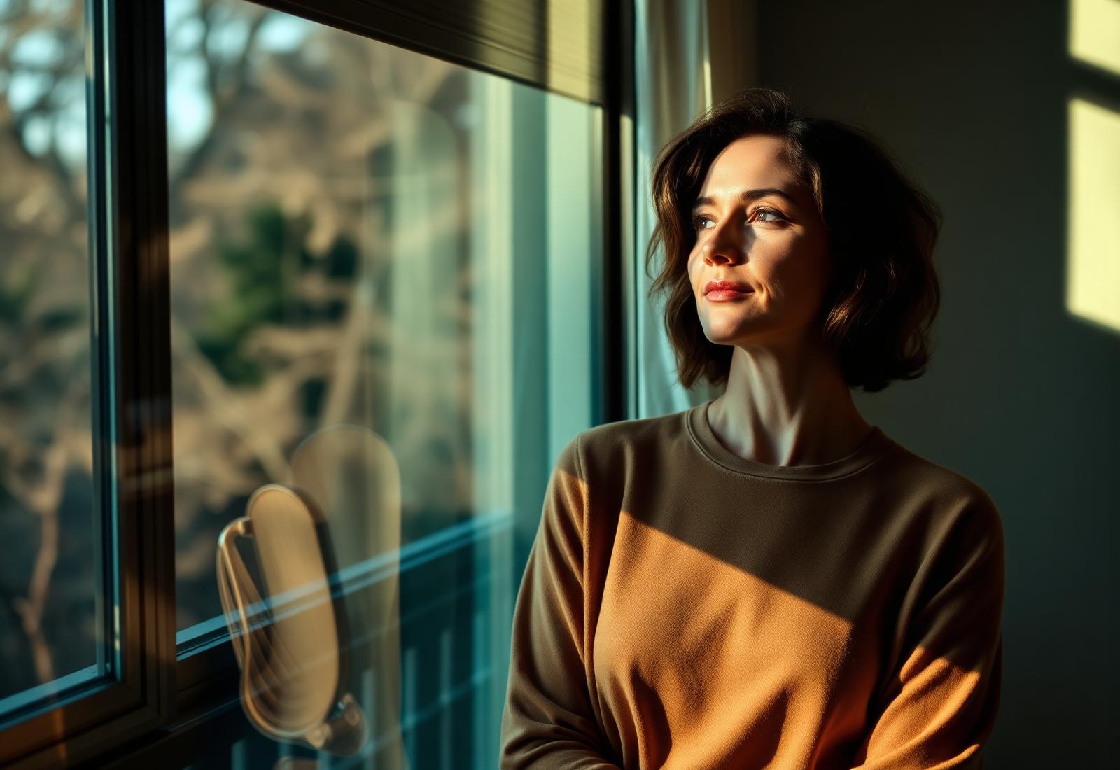 Mulher contemplativa na luz da manhã